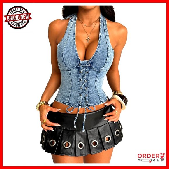 Tops - Denim Halter Corset Top Y2K Lace Up Vest Shirred Tie Backless Sleeveless